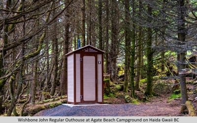 Wishbone John Regular Outhouse at Agate Beach Campground on Haida Gwaii BC